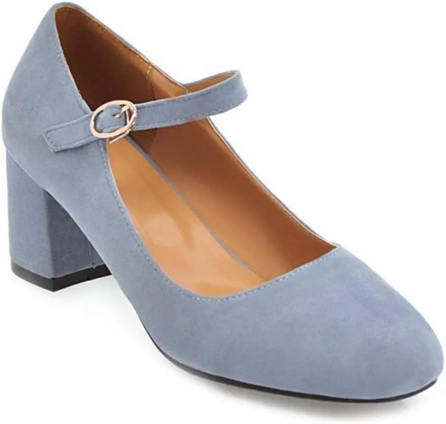 MIOKE Women's Square Toe Mary Jane Pumps Suede Buckle Strap Slip On Chunky Block Mid Heel Retro Dress Shoes