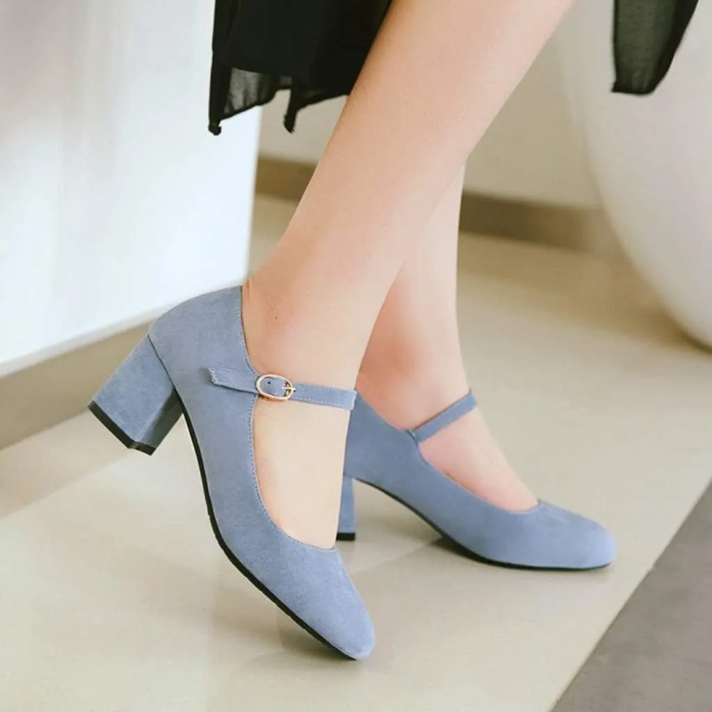 MIOKE Women's Square Toe Mary Jane Pumps Suede Buckle Strap Slip On Chunky Block Mid Heel Retro Dress Shoes
