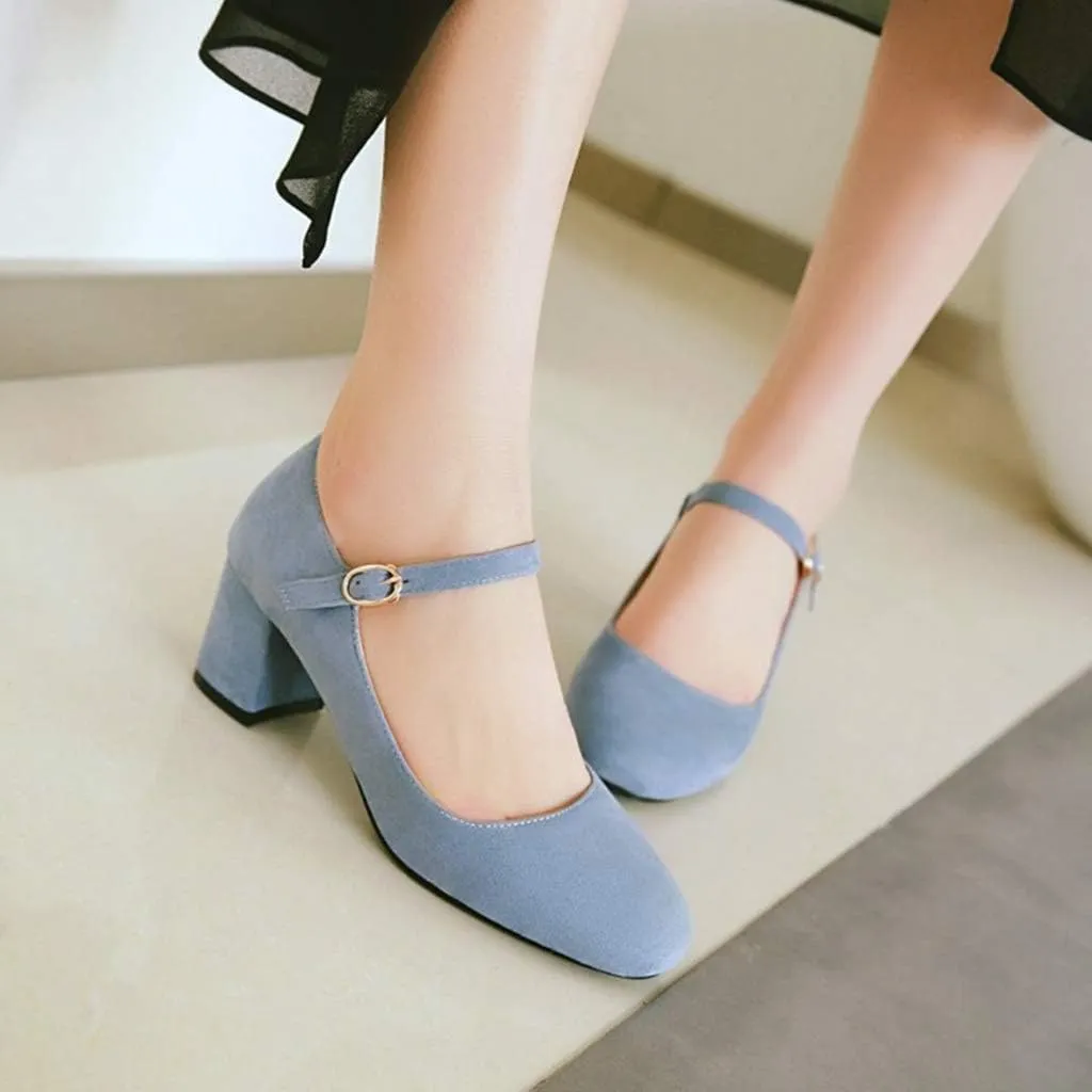 MIOKE Women's Square Toe Mary Jane Pumps Suede Buckle Strap Slip On Chunky Block Mid Heel Retro Dress Shoes