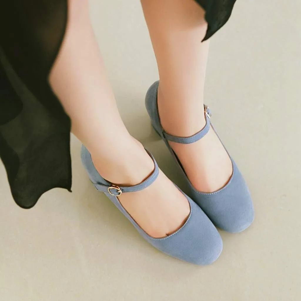 MIOKE Women's Square Toe Mary Jane Pumps Suede Buckle Strap Slip On Chunky Block Mid Heel Retro Dress Shoes
