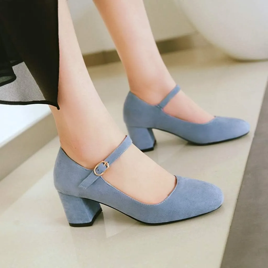 MIOKE Women's Square Toe Mary Jane Pumps Suede Buckle Strap Slip On Chunky Block Mid Heel Retro Dress Shoes