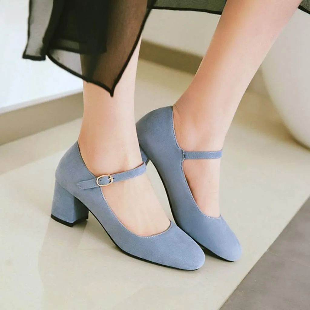 MIOKE Women's Square Toe Mary Jane Pumps Suede Buckle Strap Slip On Chunky Block Mid Heel Retro Dress Shoes