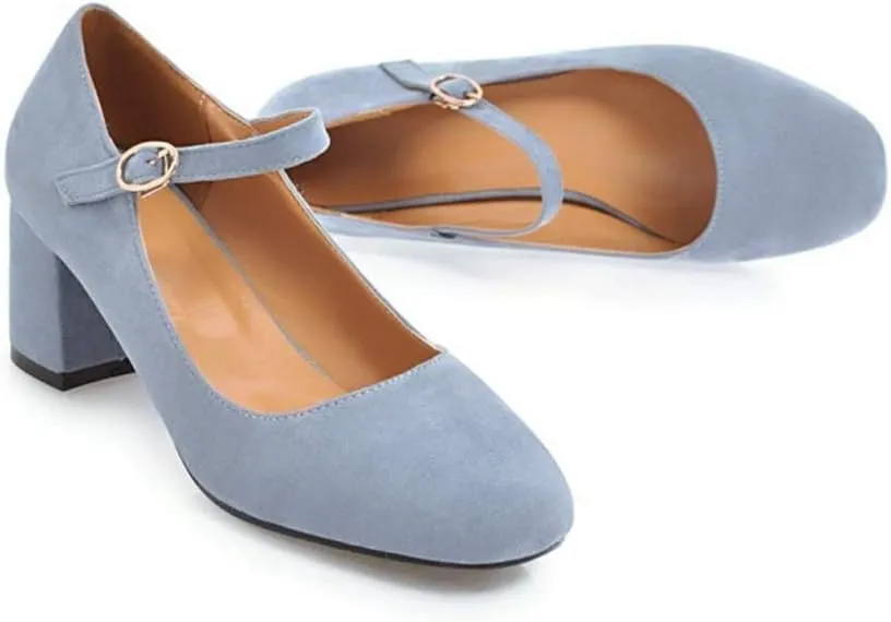 MIOKE Women's Square Toe Mary Jane Pumps Suede Buckle Strap Slip On Chunky Block Mid Heel Retro Dress Shoes