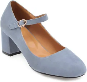 MIOKE Women's Square Toe Mary Jane Pumps Suede Buckle Strap Slip On Chunky Block Mid Heel Retro Dress Shoes