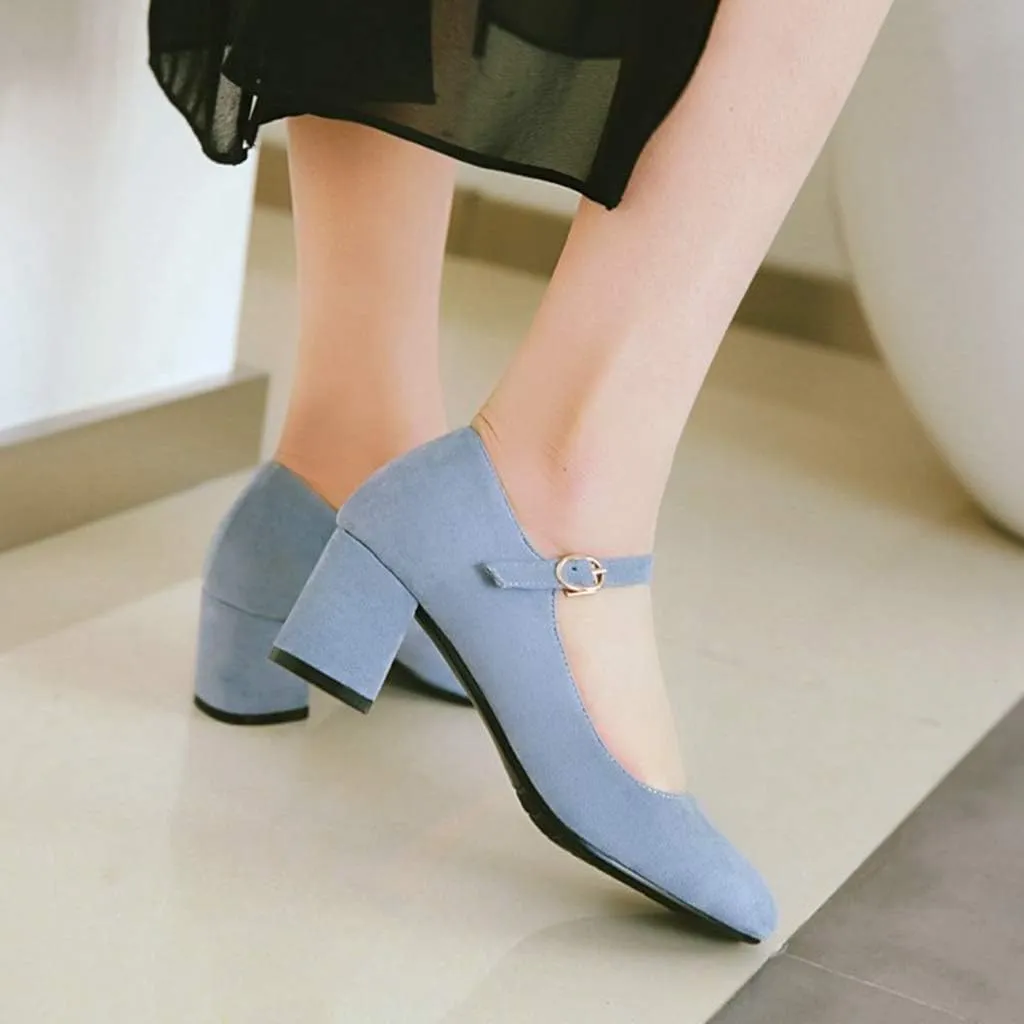 MIOKE Women's Square Toe Mary Jane Pumps Suede Buckle Strap Slip On Chunky Block Mid Heel Retro Dress Shoes