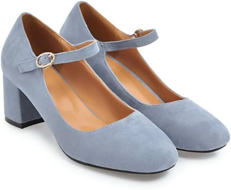 MIOKE Women's Square Toe Mary Jane Pumps Suede Buckle Strap Slip On Chunky Block Mid Heel Retro Dress Shoes