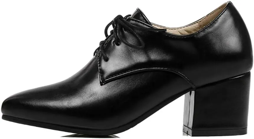 MIOKE Women's Vintage Lace Up Pump Oxfords Pointed Toe Chunky Block Mid Heel Brogues Office Dress Shoes