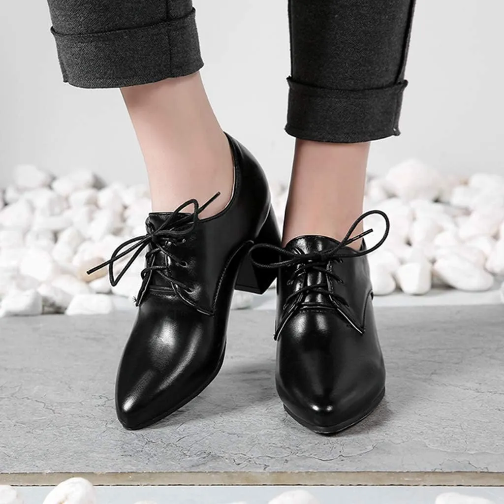 MIOKE Women's Vintage Lace Up Pump Oxfords Pointed Toe Chunky Block Mid Heel Brogues Office Dress Shoes