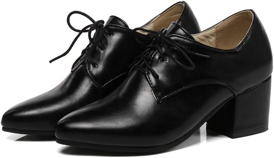 MIOKE Women's Vintage Lace Up Pump Oxfords Pointed Toe Chunky Block Mid Heel Brogues Office Dress Shoes