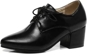 MIOKE Women's Vintage Lace Up Pump Oxfords Pointed Toe Chunky Block Mid Heel Brogues Office Dress Shoes