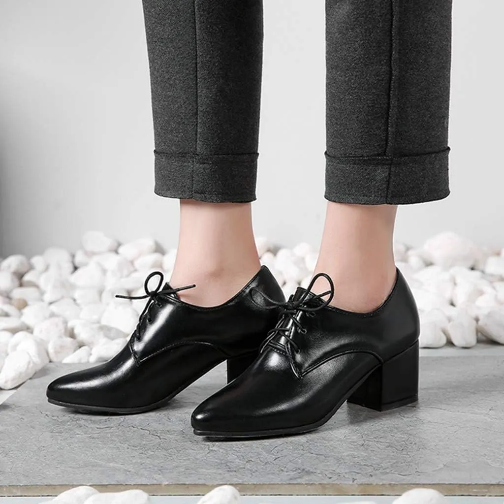 MIOKE Women's Vintage Lace Up Pump Oxfords Pointed Toe Chunky Block Mid Heel Brogues Office Dress Shoes