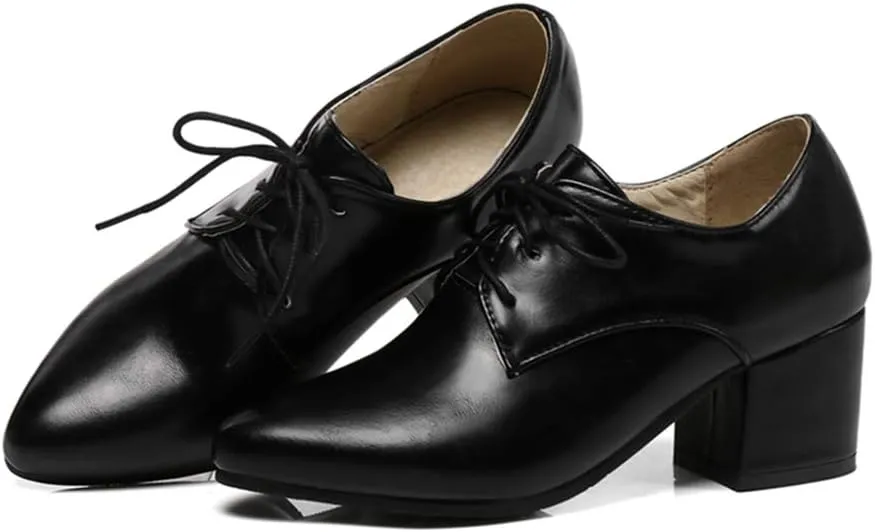 MIOKE Women's Vintage Lace Up Pump Oxfords Pointed Toe Chunky Block Mid Heel Brogues Office Dress Shoes