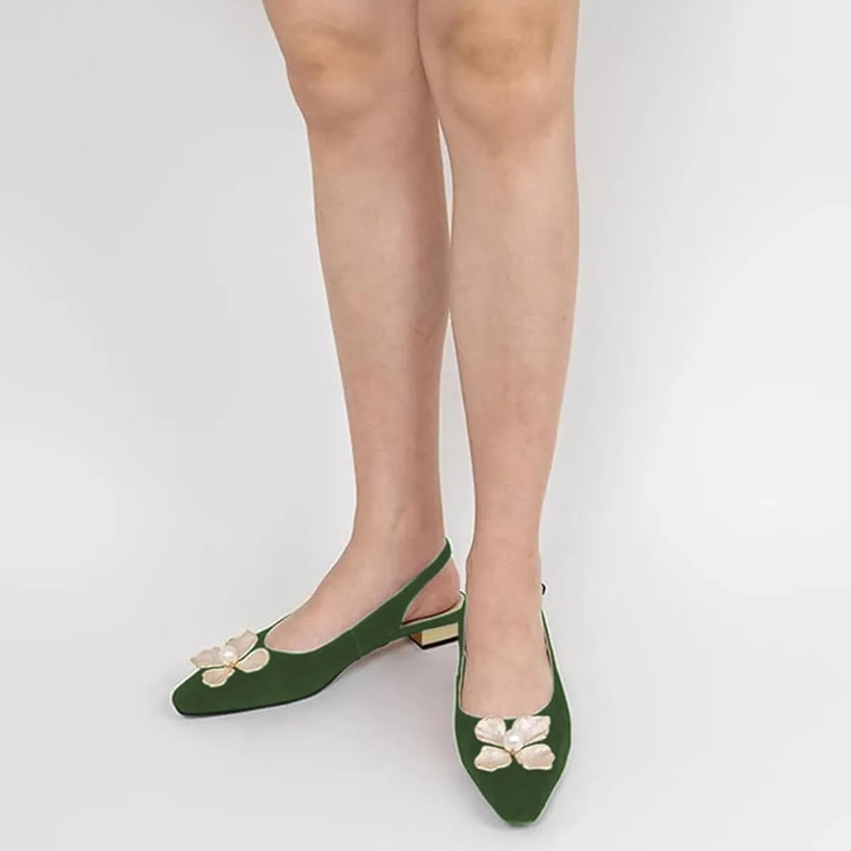 miss left Women Elegant Pearl Flower Closed Toe Slingback Pumps Block Low Heel Backstrap Buckle Daily Office Dress Shoes Size 4-16 US