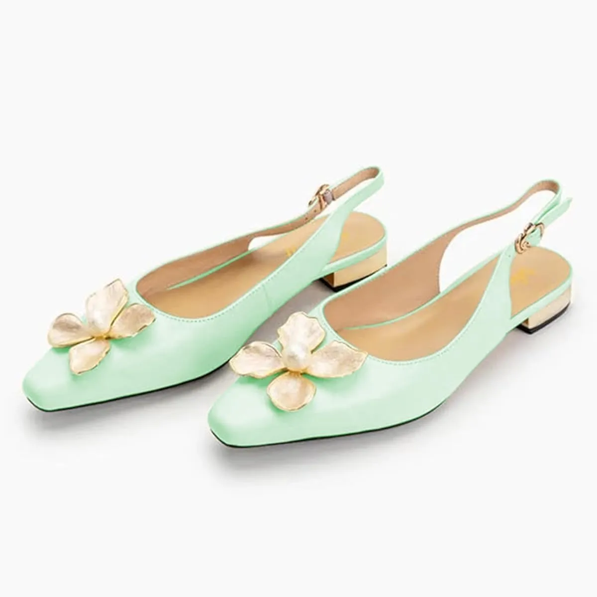 miss left Women Elegant Pearl Flower Closed Toe Slingback Pumps Block Low Heel Backstrap Buckle Daily Office Dress Shoes Size 4-16 US
