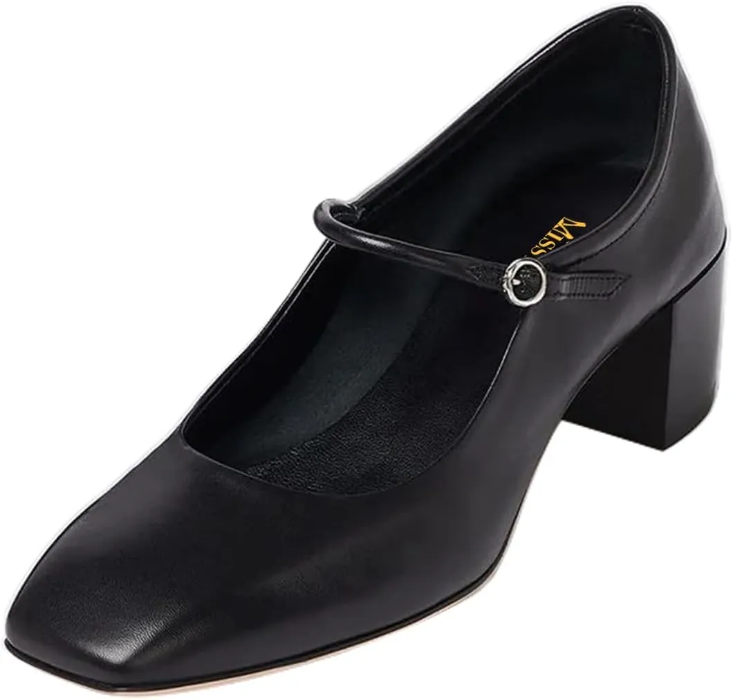 miss left Women Trendy Single Strap Buckle Square Toe Mary Janes Block Low Heel Comfy Daily Dress Pumps Size 4-16 US