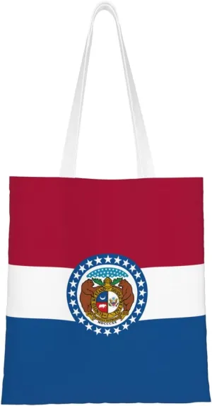 Missouri State Flag Pattern Double Sided Canvas Tote Bag, Reusable Grocery Shopping Bag, Carry or Shoulder ï¼Œ15x16.5 in
