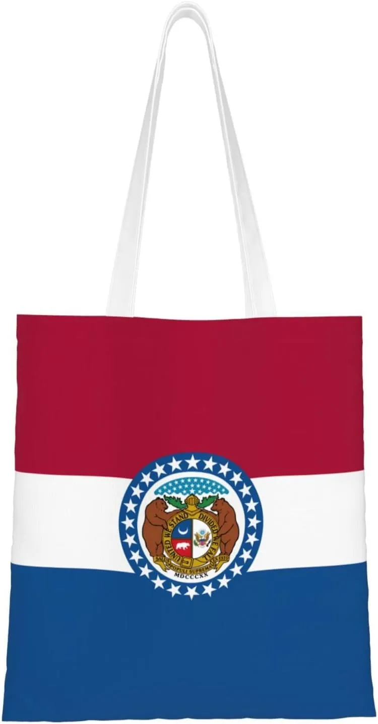 Missouri State Flag Pattern Double Sided Canvas Tote Bag, Reusable Grocery Shopping Bag, Carry or Shoulder ï¼Œ15x16.5 in