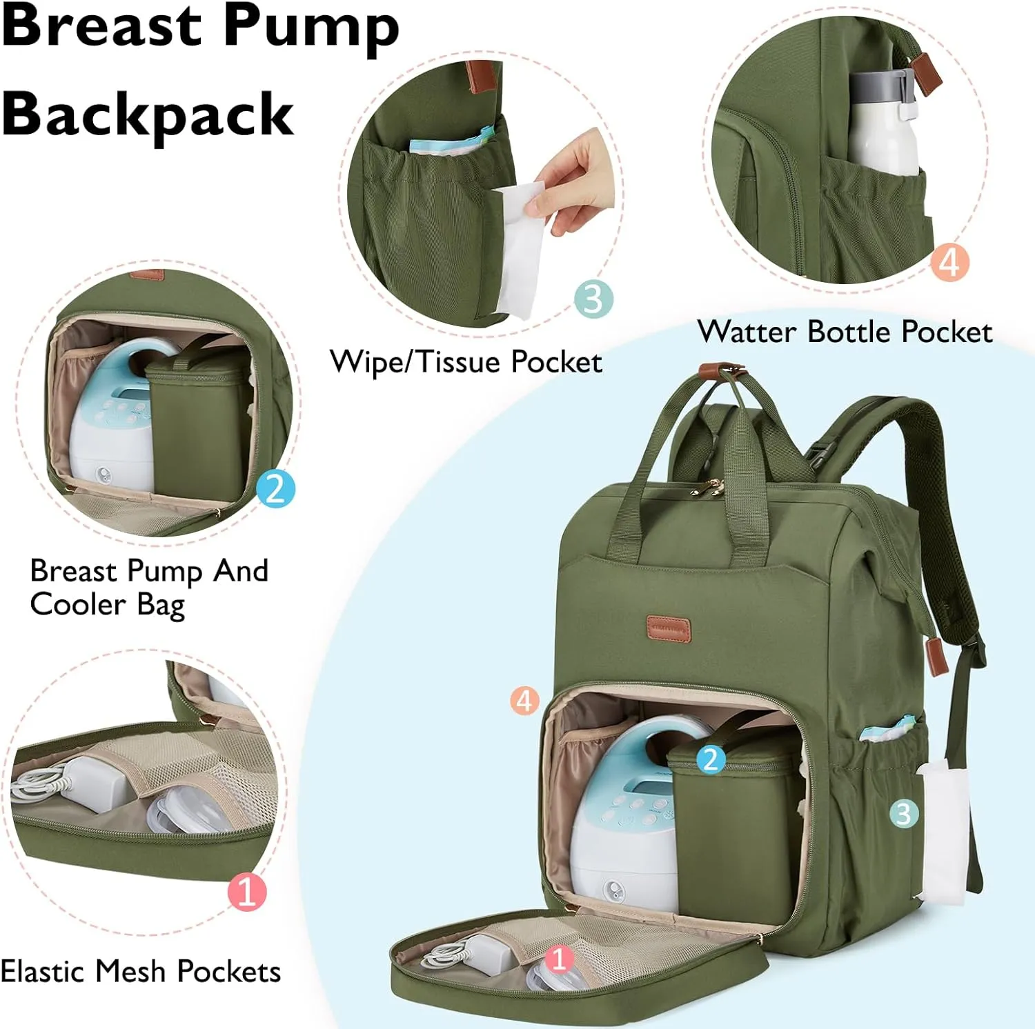 mommore Breast Pump Bag Backpack for Spectra S1,S2 Medela Large Diaper Backpack for Working Moms with 15.6 inch Laptop Sleeve, Green