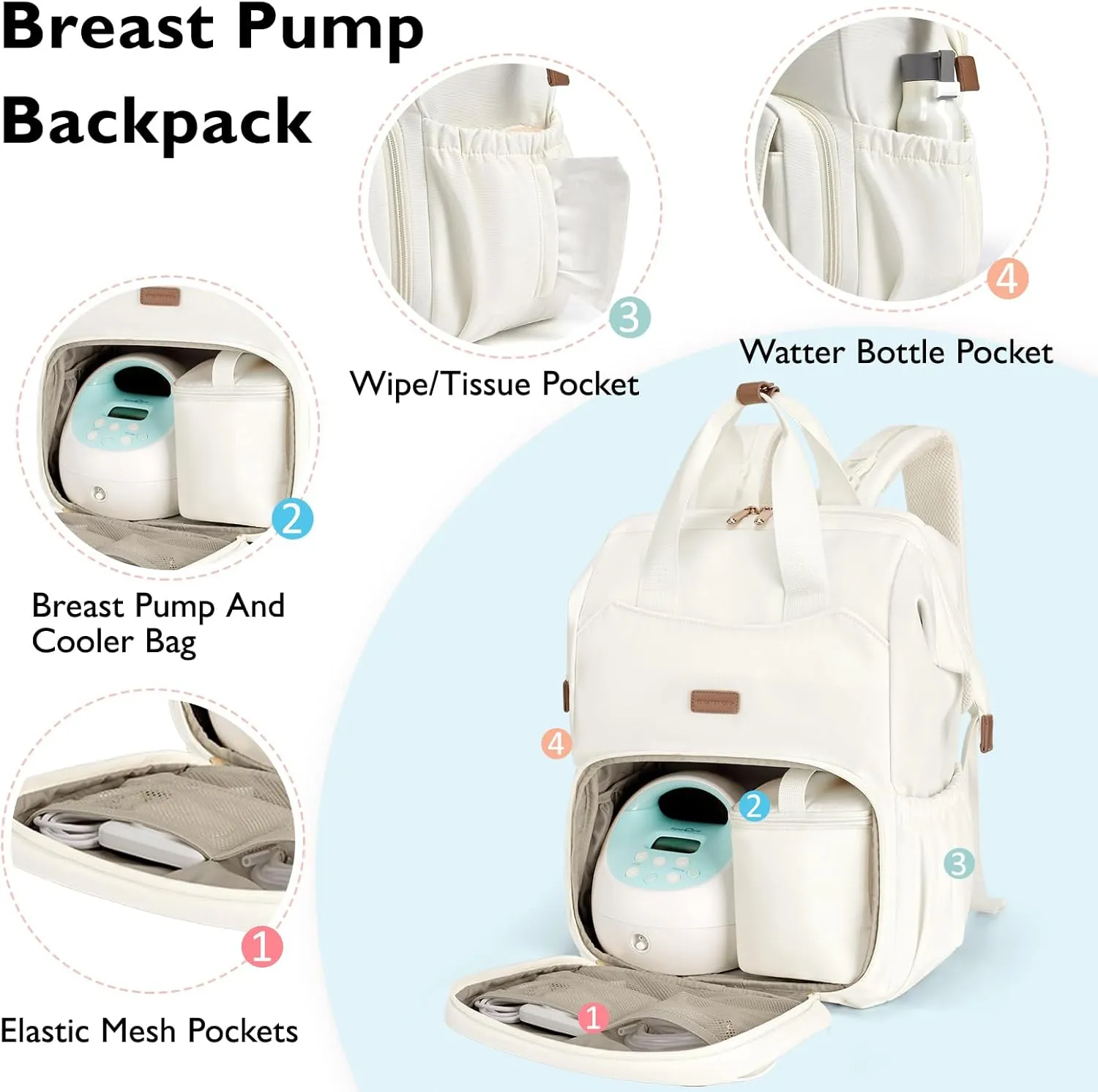 mommore Diaper Bag Backpack, Breast Pump Backpack for Spectra S1,S2 Medela Pumping Backpack for Working Moms with 15.6 inch Laptop Sleeve, Off White