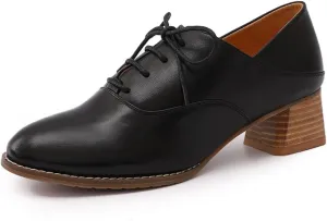 Mona flying Women's Leather Mid Chunky Heel Oxfords Lace up Dress Pumps Shoes for Ladies