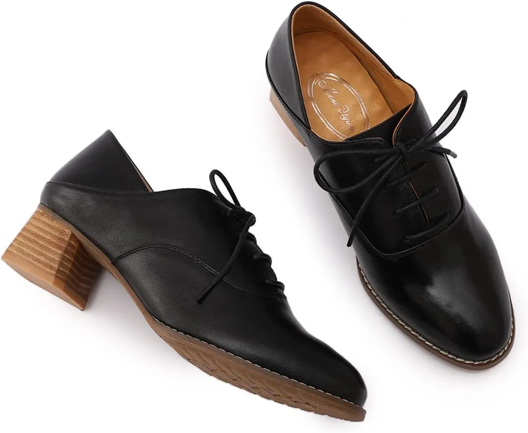Mona flying Women's Leather Mid Chunky Heel Oxfords Lace up Dress Pumps Shoes for Ladies