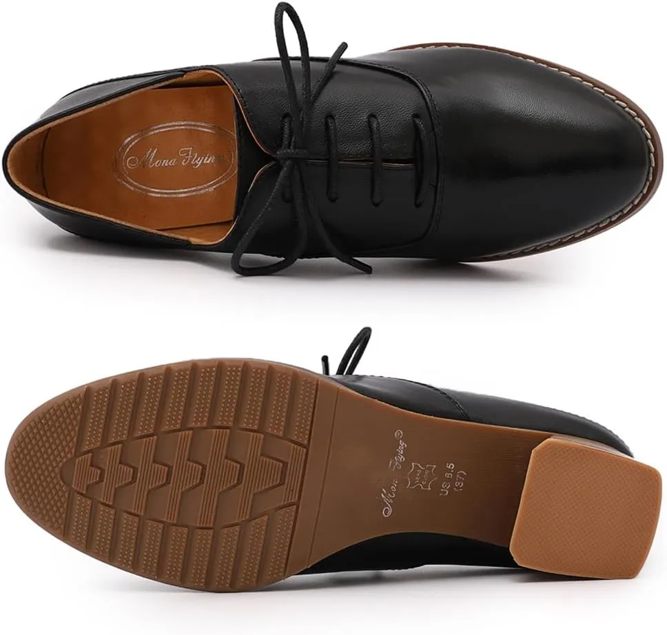 Mona flying Women's Leather Mid Chunky Heel Oxfords Lace up Dress Pumps Shoes for Ladies