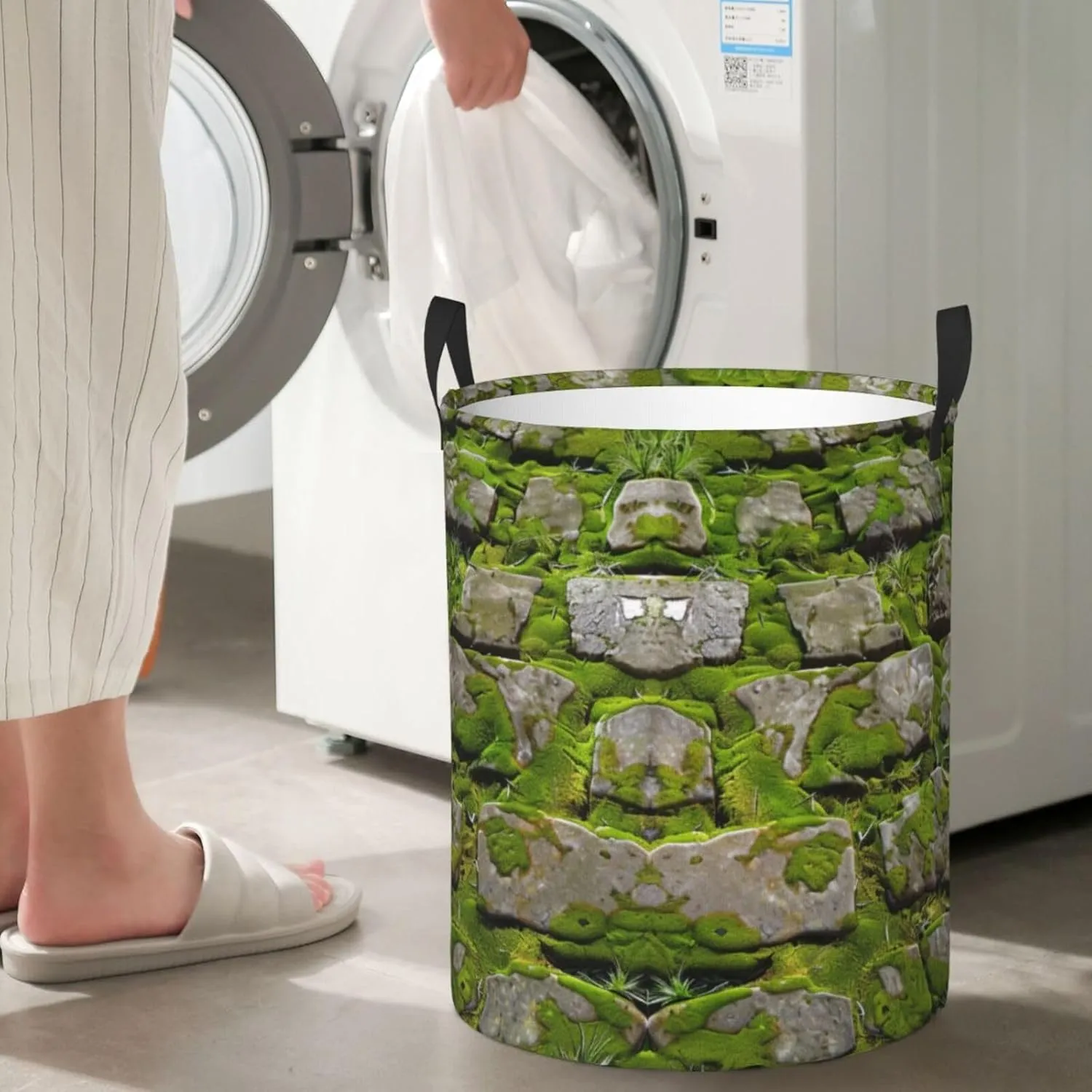 Moss Stone Pavement Printed Circular Laundry Basket, Foldable Oxford Cloth Tote Bag Laundry Hamper, Toy Organizer, For Bathroo/Laundry Storage/Bedroom Storage/College Dormitory/Car Trunk Small