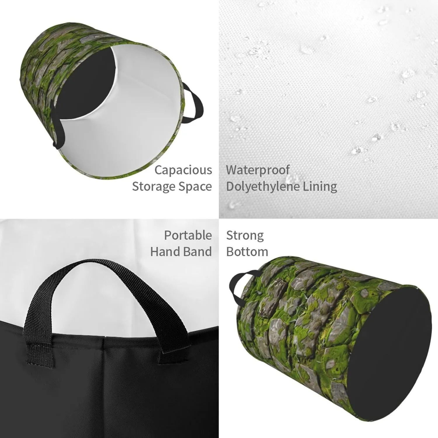 Moss Stone Pavement Printed Circular Laundry Basket, Foldable Oxford Cloth Tote Bag Laundry Hamper, Toy Organizer, For Bathroo/Laundry Storage/Bedroom Storage/College Dormitory/Car Trunk Small