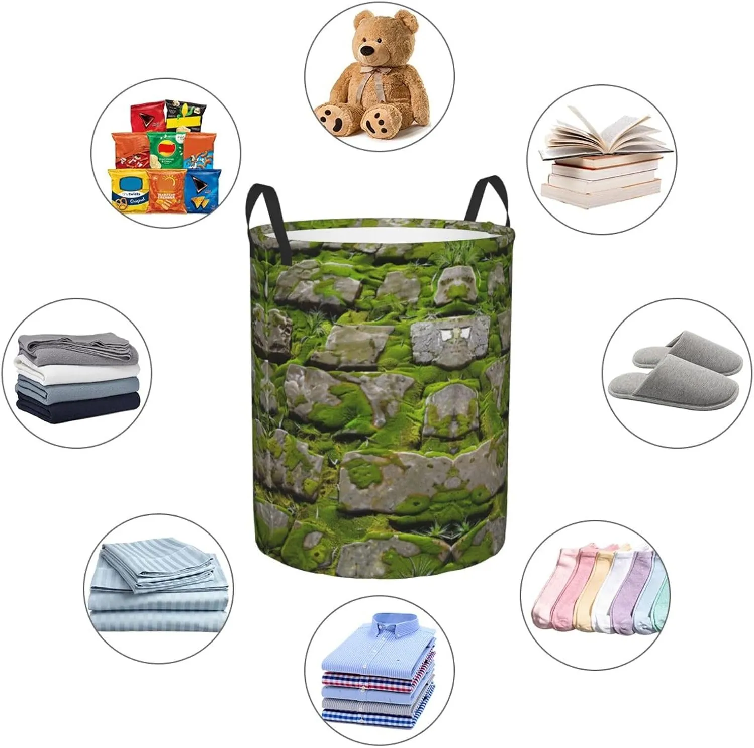 Moss Stone Pavement Printed Circular Laundry Basket, Foldable Oxford Cloth Tote Bag Laundry Hamper, Toy Organizer, For Bathroo/Laundry Storage/Bedroom Storage/College Dormitory/Car Trunk Small