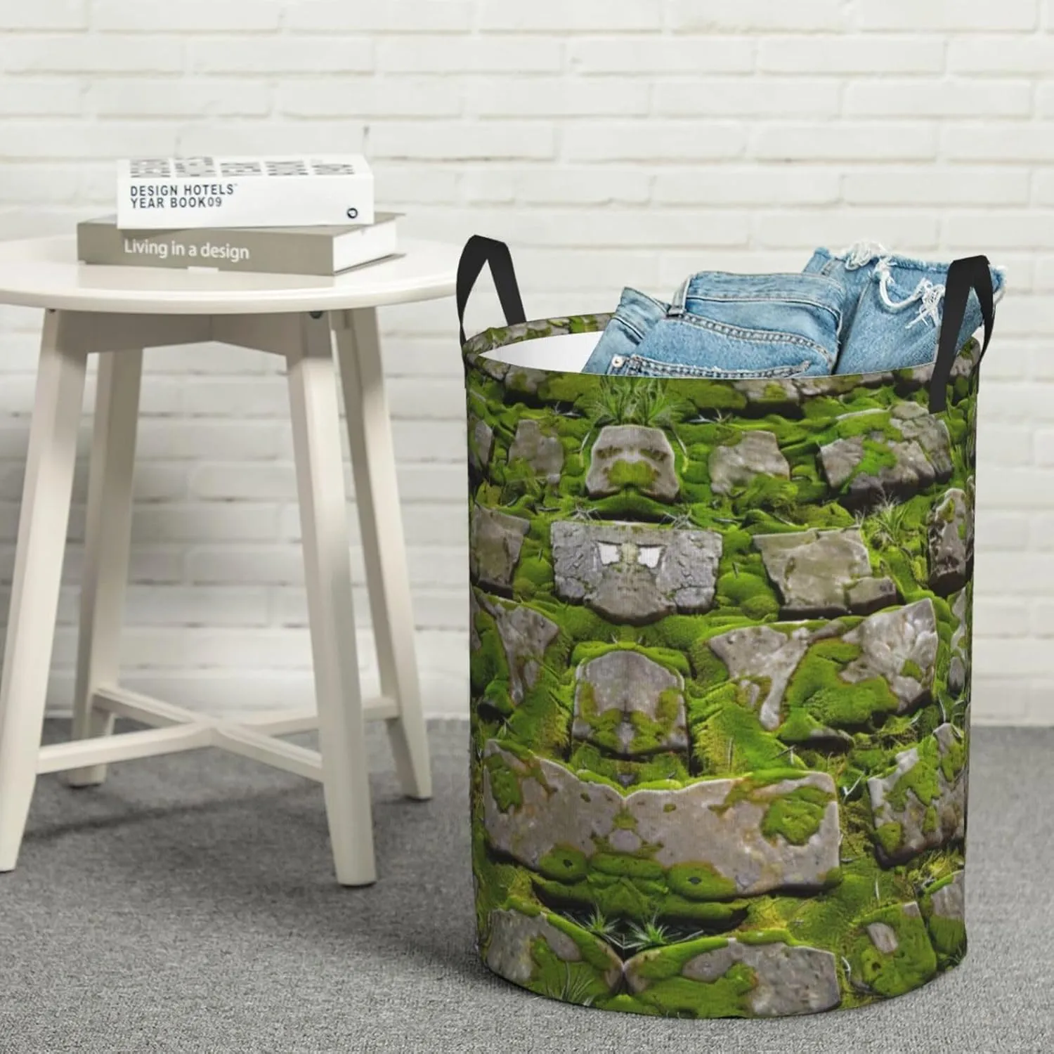 Moss Stone Pavement Printed Circular Laundry Basket, Foldable Oxford Cloth Tote Bag Laundry Hamper, Toy Organizer, For Bathroo/Laundry Storage/Bedroom Storage/College Dormitory/Car Trunk Small