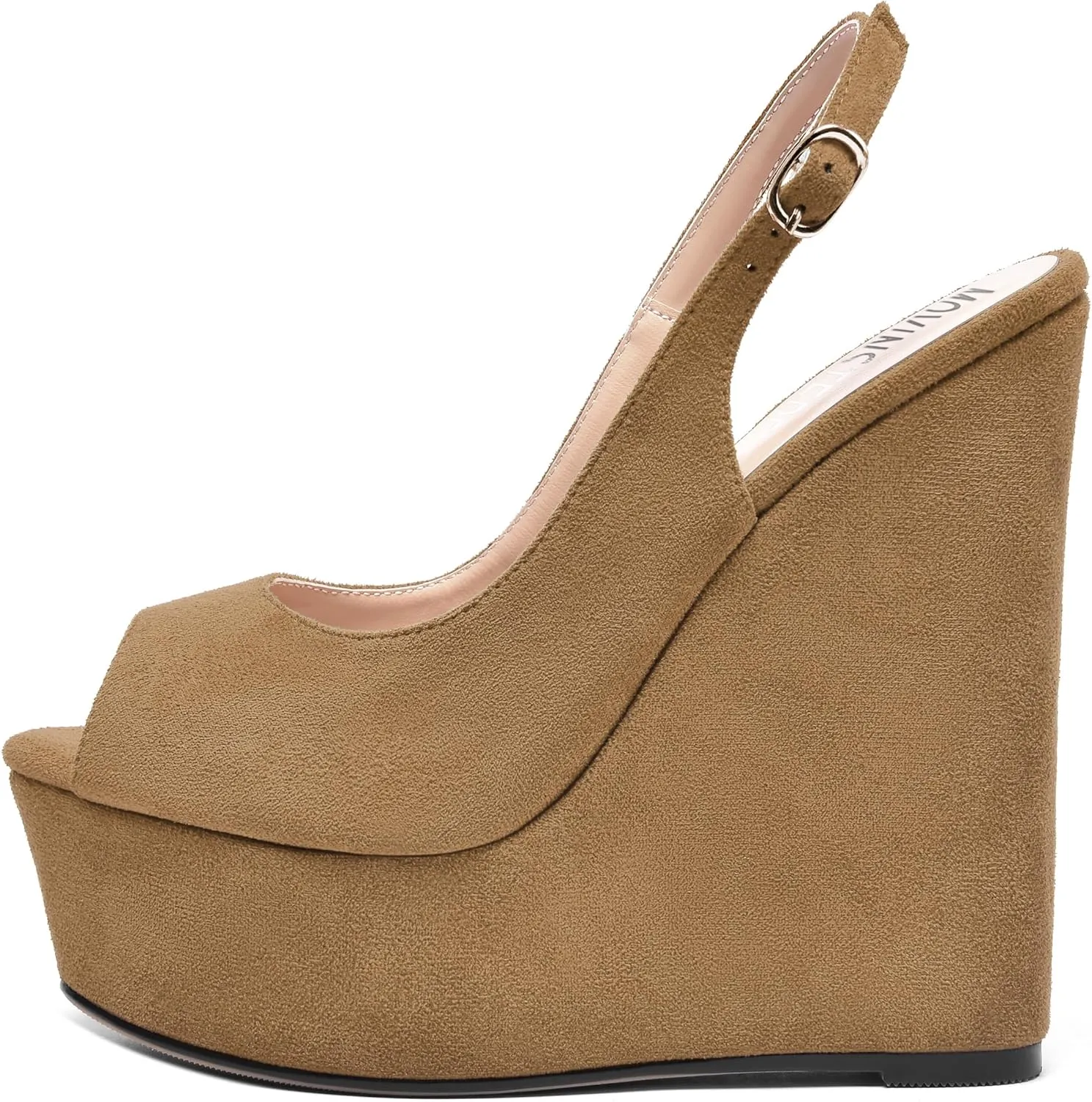 MOVINSTEPS Womens Platform Wedding Buckle Peep Toe Slingback Solid Dress Suede Wedge High Heel Pumps Shoes 6 Inch