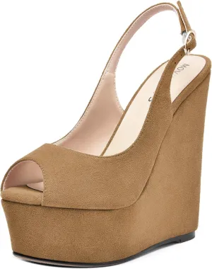 MOVINSTEPS Womens Platform Wedding Buckle Peep Toe Slingback Solid Dress Suede Wedge High Heel Pumps Shoes 6 Inch