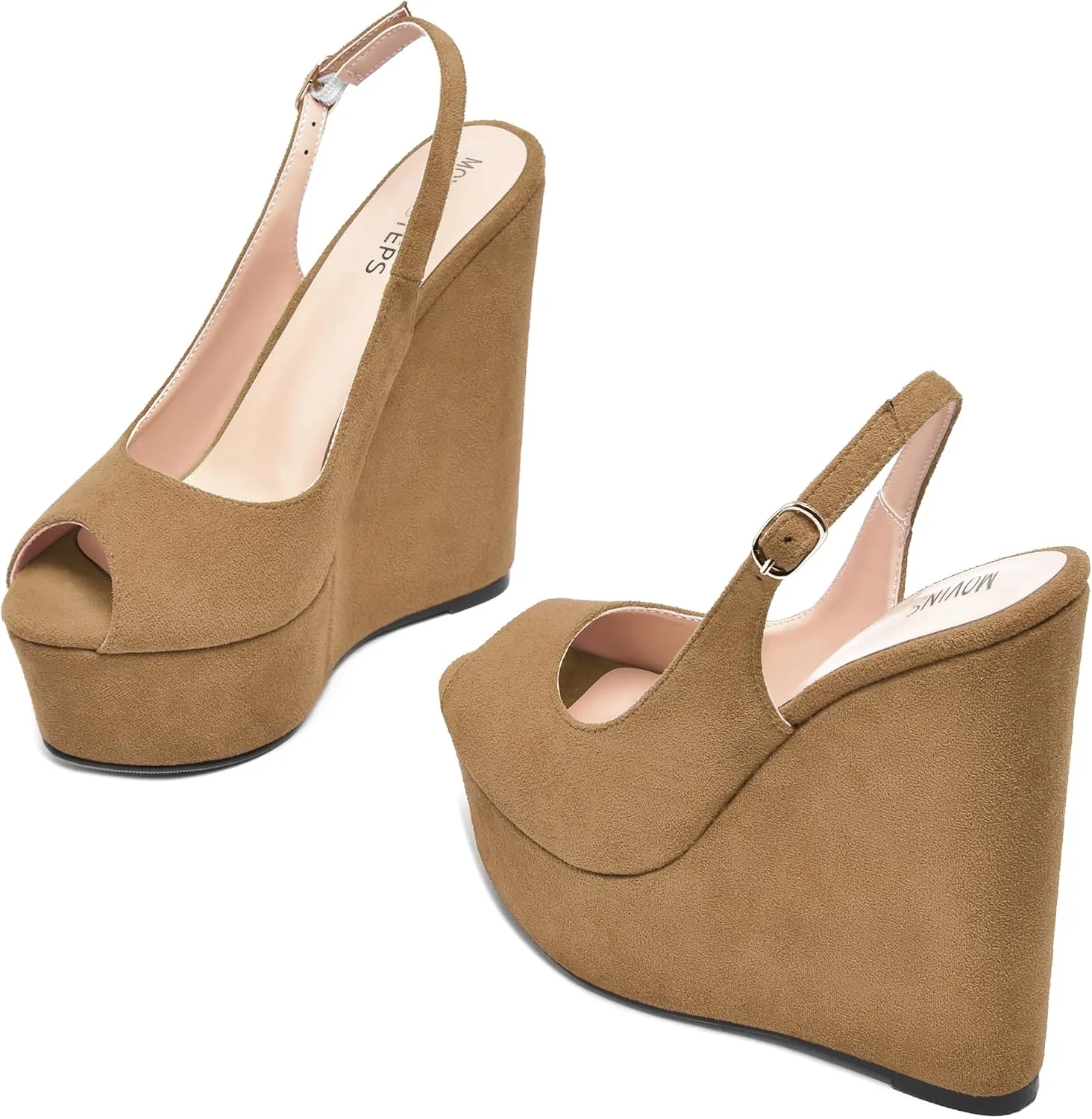 MOVINSTEPS Womens Platform Wedding Buckle Peep Toe Slingback Solid Dress Suede Wedge High Heel Pumps Shoes 6 Inch