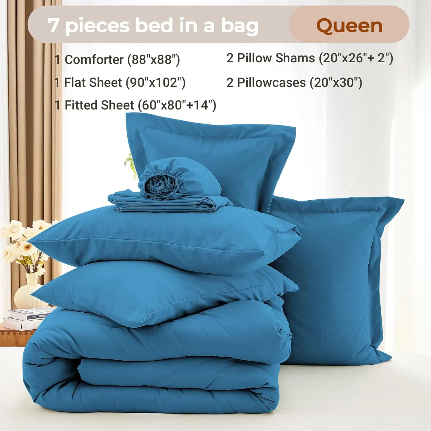 MUXHOMO 7 Pieces Queen Comforter Set, Soft Bed in a Bag Queen Size, All Season Bedding Set with Comforter, Flat Sheet, Fitted Sheet, Pillowcases & Shams, Bluish Green