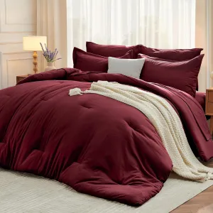 MUXHOMO 7 Pieces Queen Comforter Set, Soft Bed in a Bag Queen Size, All Season Bedding Set with Comforter, Flat Sheet, Fitted Sheet, Pillowcases & Shams, Burgundy Red