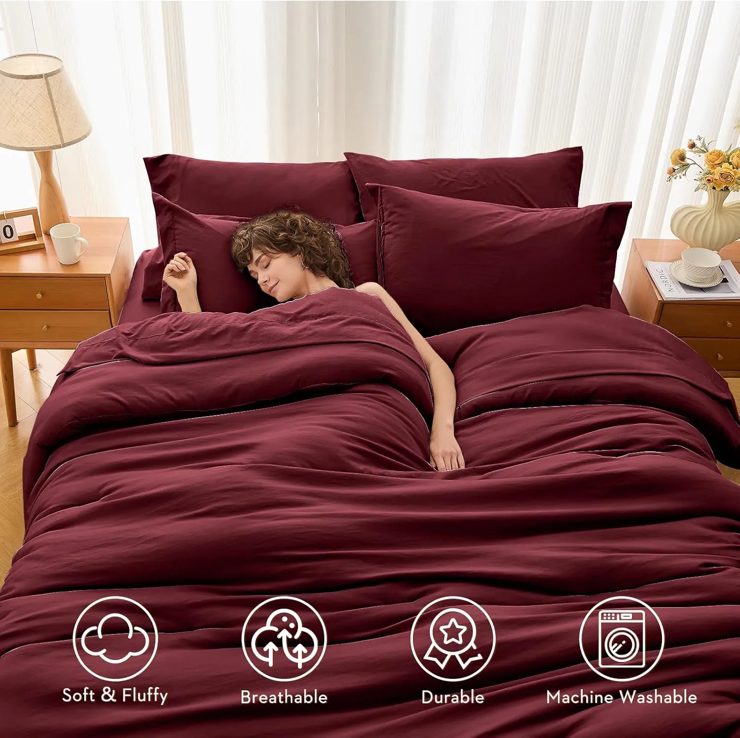 MUXHOMO 7 Pieces Queen Comforter Set, Soft Bed in a Bag Queen Size, All Season Bedding Set with Comforter, Flat Sheet, Fitted Sheet, Pillowcases & Shams, Burgundy Red