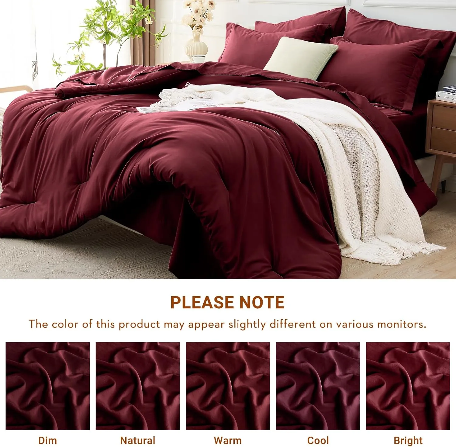 MUXHOMO 7 Pieces Queen Comforter Set, Soft Bed in a Bag Queen Size, All Season Bedding Set with Comforter, Flat Sheet, Fitted Sheet, Pillowcases & Shams, Burgundy Red