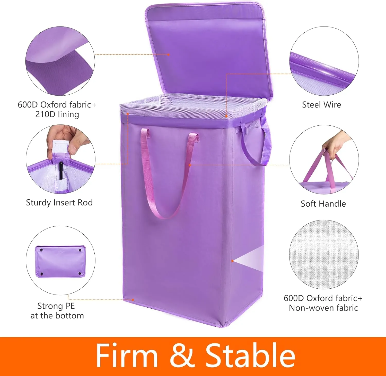 Odonata 75L Slim Laundry Hamper with Lid,Large Foldable Laundry Basket with Removable Bag and Handles Tall Collapsible Dirty Clothes Basket Great for Bedroom, Bathroom, Dorm, College,RV.(Purple, 75L)