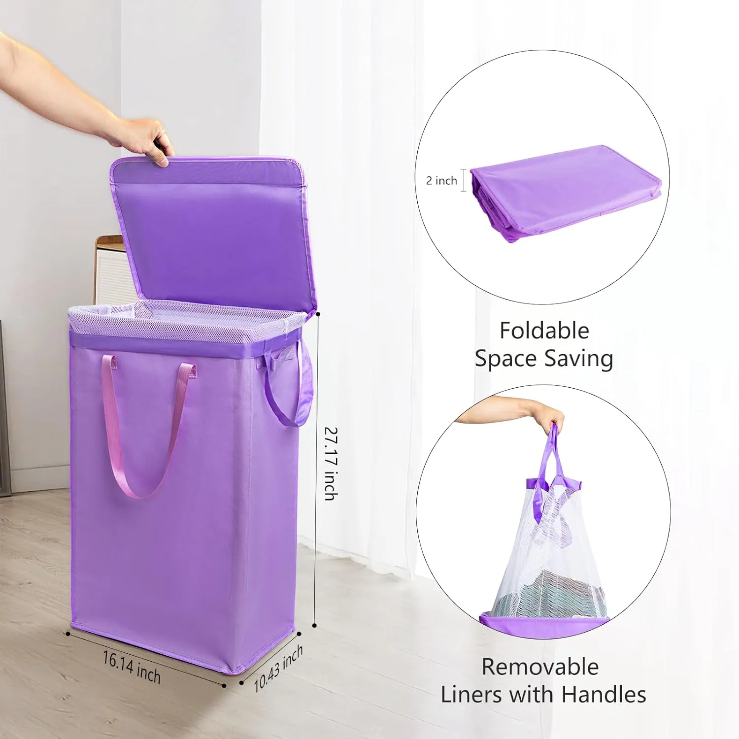 Odonata 75L Slim Laundry Hamper with Lid,Large Foldable Laundry Basket with Removable Bag and Handles Tall Collapsible Dirty Clothes Basket Great for Bedroom, Bathroom, Dorm, College,RV.(Purple, 75L)