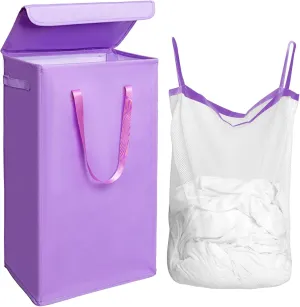 Odonata 75L Slim Laundry Hamper with Lid,Large Foldable Laundry Basket with Removable Bag and Handles Tall Collapsible Dirty Clothes Basket Great for Bedroom, Bathroom, Dorm, College,RV.(Purple, 75L)