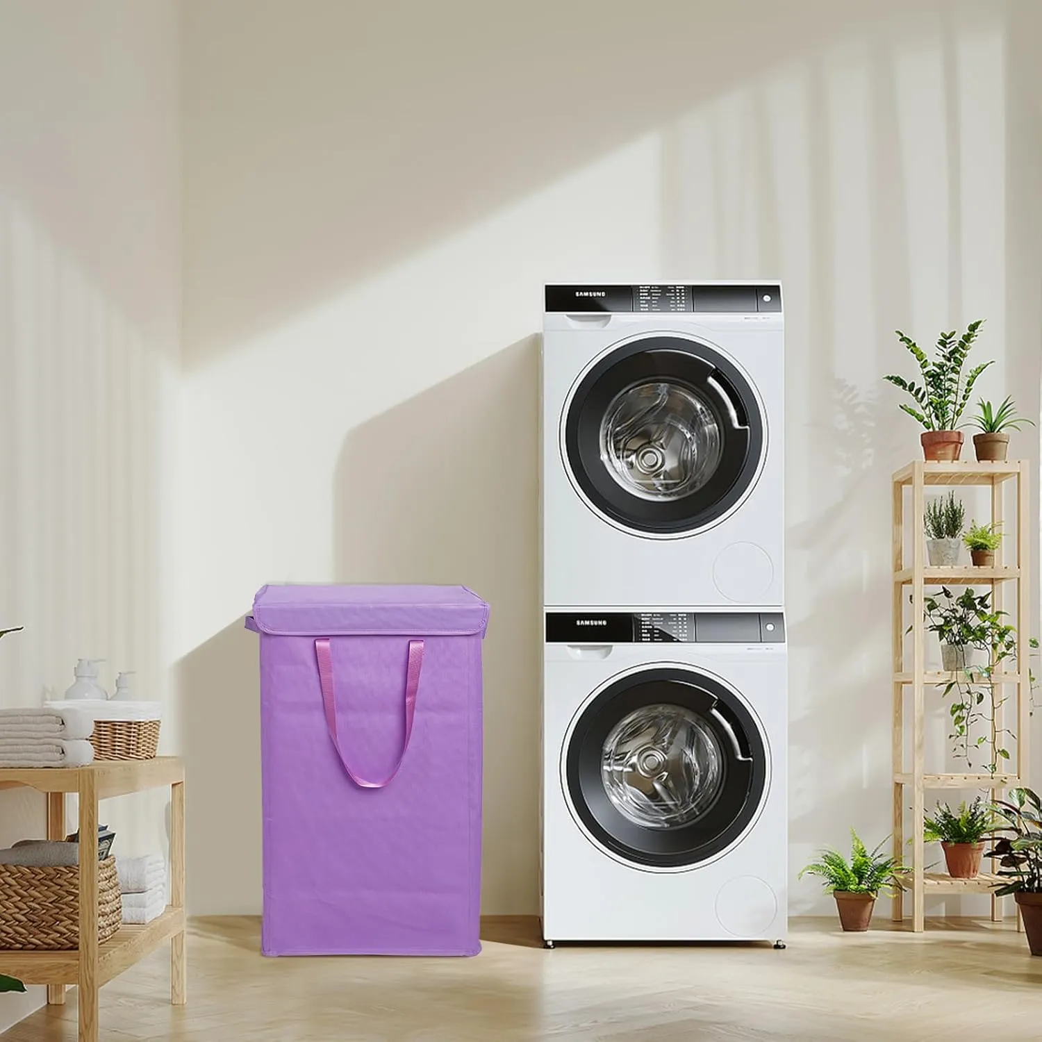 Odonata 75L Slim Laundry Hamper with Lid,Large Foldable Laundry Basket with Removable Bag and Handles Tall Collapsible Dirty Clothes Basket Great for Bedroom, Bathroom, Dorm, College,RV.(Purple, 75L)
