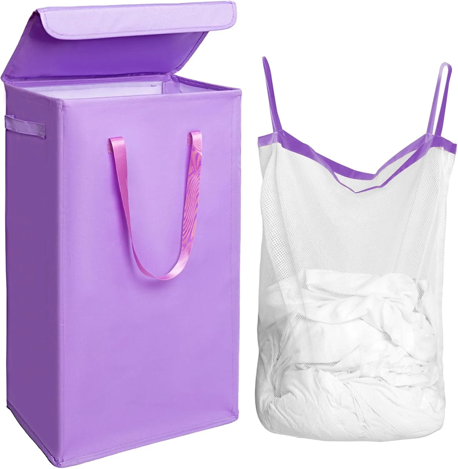 Odonata 75L Slim Laundry Hamper with Lid,Large Foldable Laundry Basket with Removable Bag and Handles Tall Collapsible Dirty Clothes Basket Great for Bedroom, Bathroom, Dorm, College,RV.(Purple, 75L)