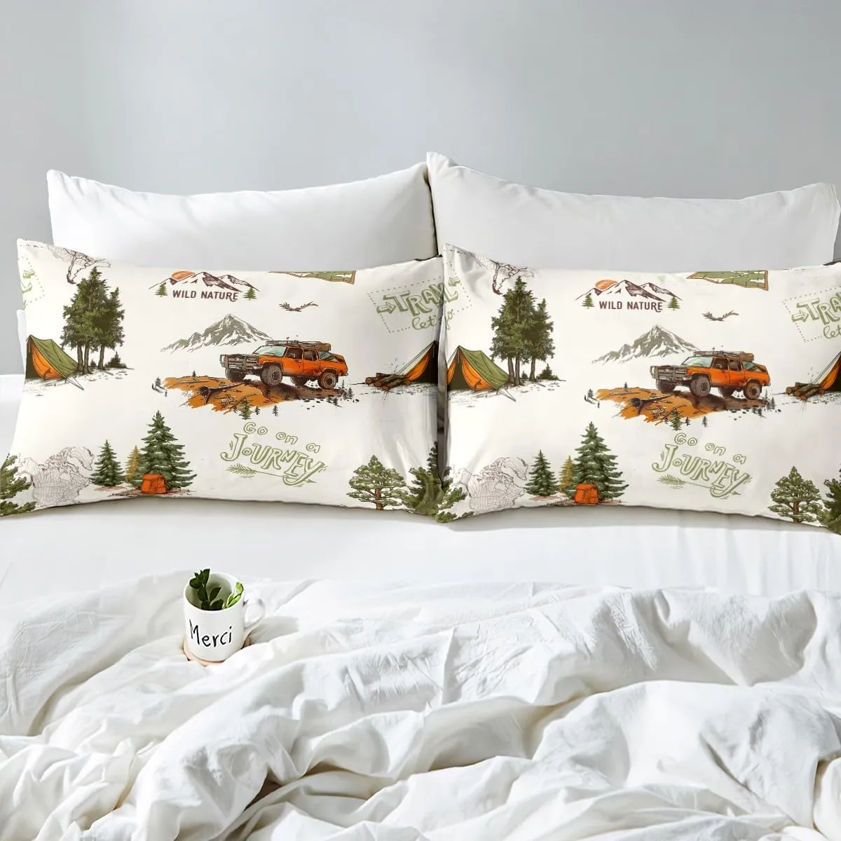 Off-road Vehicle Bed Sheets King Size,Mountain Pine Tree Jungle View Bedding Set for Kids Girls Boys Teens Room Decor,Road Traveling Fitted Sheet Men Outdoor Adventure Top Flat Sheet 4Pcs