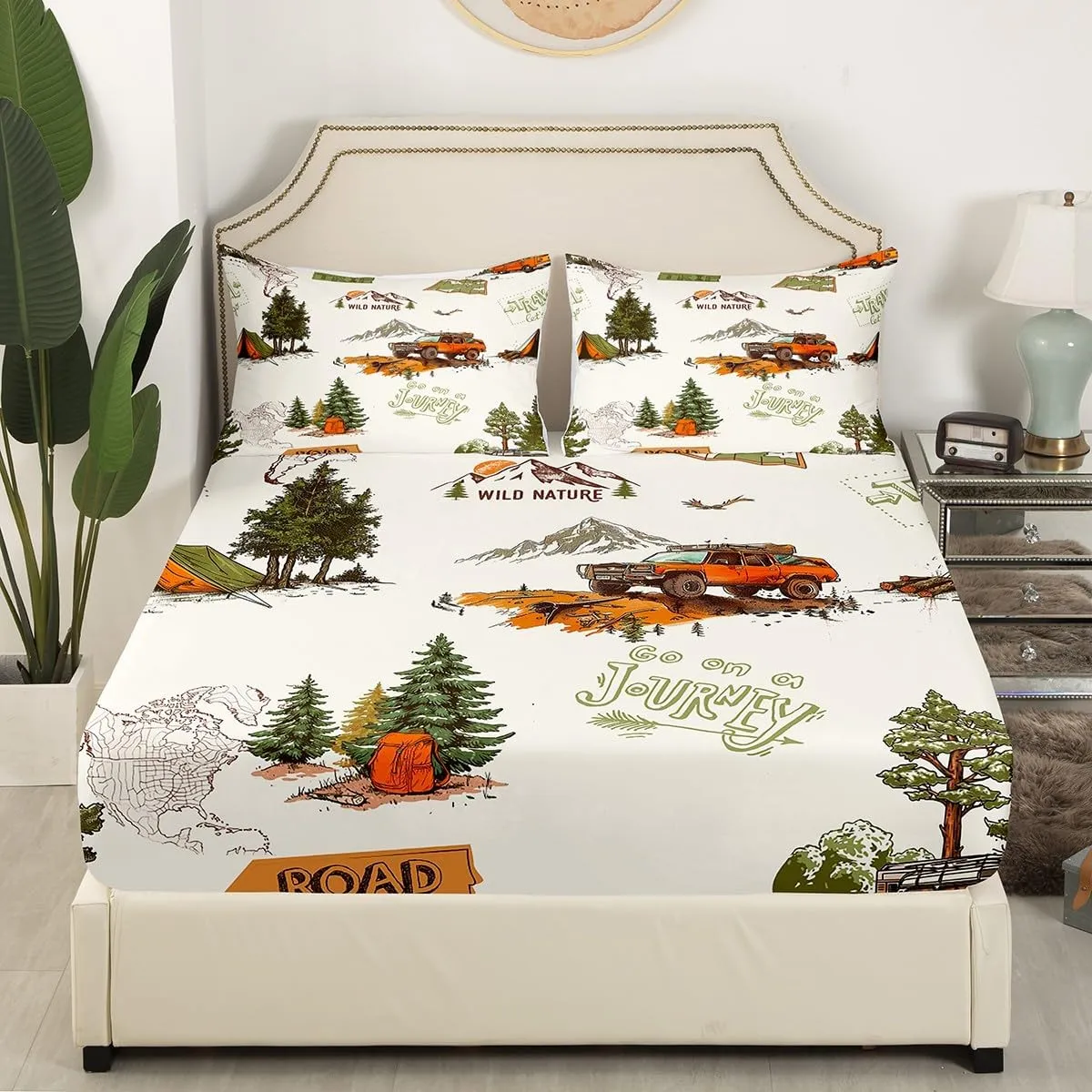 Off-road Vehicle Bed Sheets King Size,Mountain Pine Tree Jungle View Bedding Set for Kids Girls Boys Teens Room Decor,Road Traveling Fitted Sheet Men Outdoor Adventure Top Flat Sheet 4Pcs