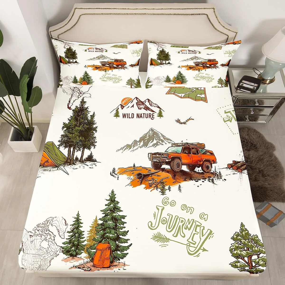 Off-road Vehicle Bed Sheets King Size,Mountain Pine Tree Jungle View Bedding Set for Kids Girls Boys Teens Room Decor,Road Traveling Fitted Sheet Men Outdoor Adventure Top Flat Sheet 4Pcs