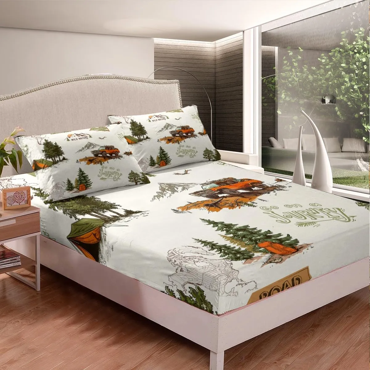 Off-road Vehicle Bed Sheets King Size,Mountain Pine Tree Jungle View Bedding Set for Kids Girls Boys Teens Room Decor,Road Traveling Fitted Sheet Men Outdoor Adventure Top Flat Sheet 4Pcs