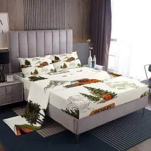 Off-road Vehicle Bed Sheets King Size,Mountain Pine Tree Jungle View Bedding Set for Kids Girls Boys Teens Room Decor,Road Traveling Fitted Sheet Men Outdoor Adventure Top Flat Sheet 4Pcs