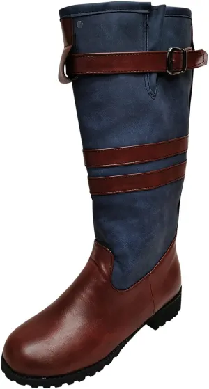 oiangi Vintage Boots for Women Low Heel - Retro Round Toe Buckle Strap Western Cowboy Chunky Heel Mid Calf Boots Casual Color Block Slip on Shoes