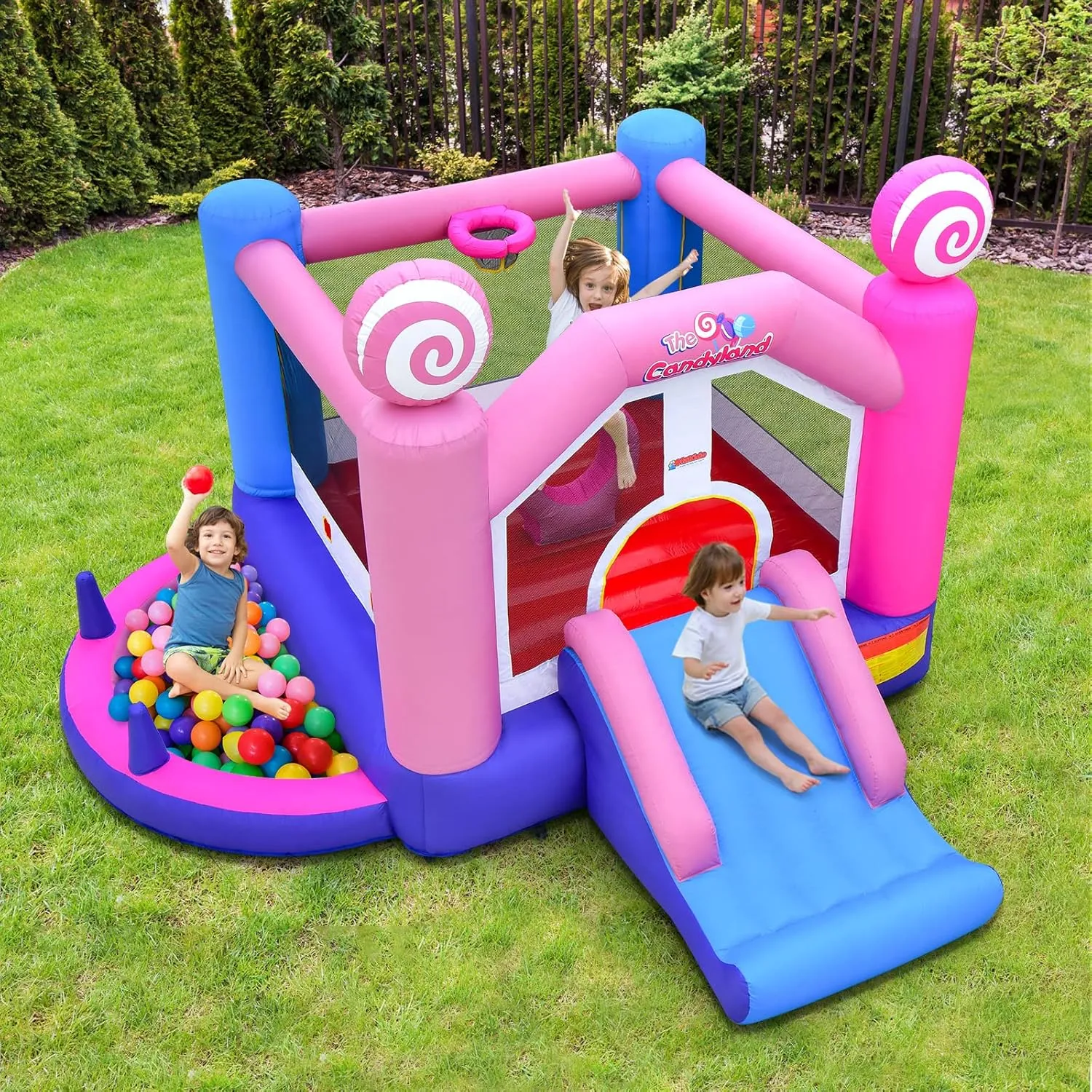 OLAKIDS Inflatable Bounce House, Princess Pink Jumping Castle Kids Candyland with Slide Ball Pit Basketball Rim, Indoor Outdoor Inflatable Obstacle Course with 680W Blower 50PCS Ocean Balls Carry Bag