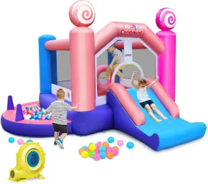 OLAKIDS Inflatable Bounce House, Princess Pink Jumping Castle Kids Candyland with Slide Ball Pit Basketball Rim, Indoor Outdoor Inflatable Obstacle Course with 680W Blower 50PCS Ocean Balls Carry Bag
